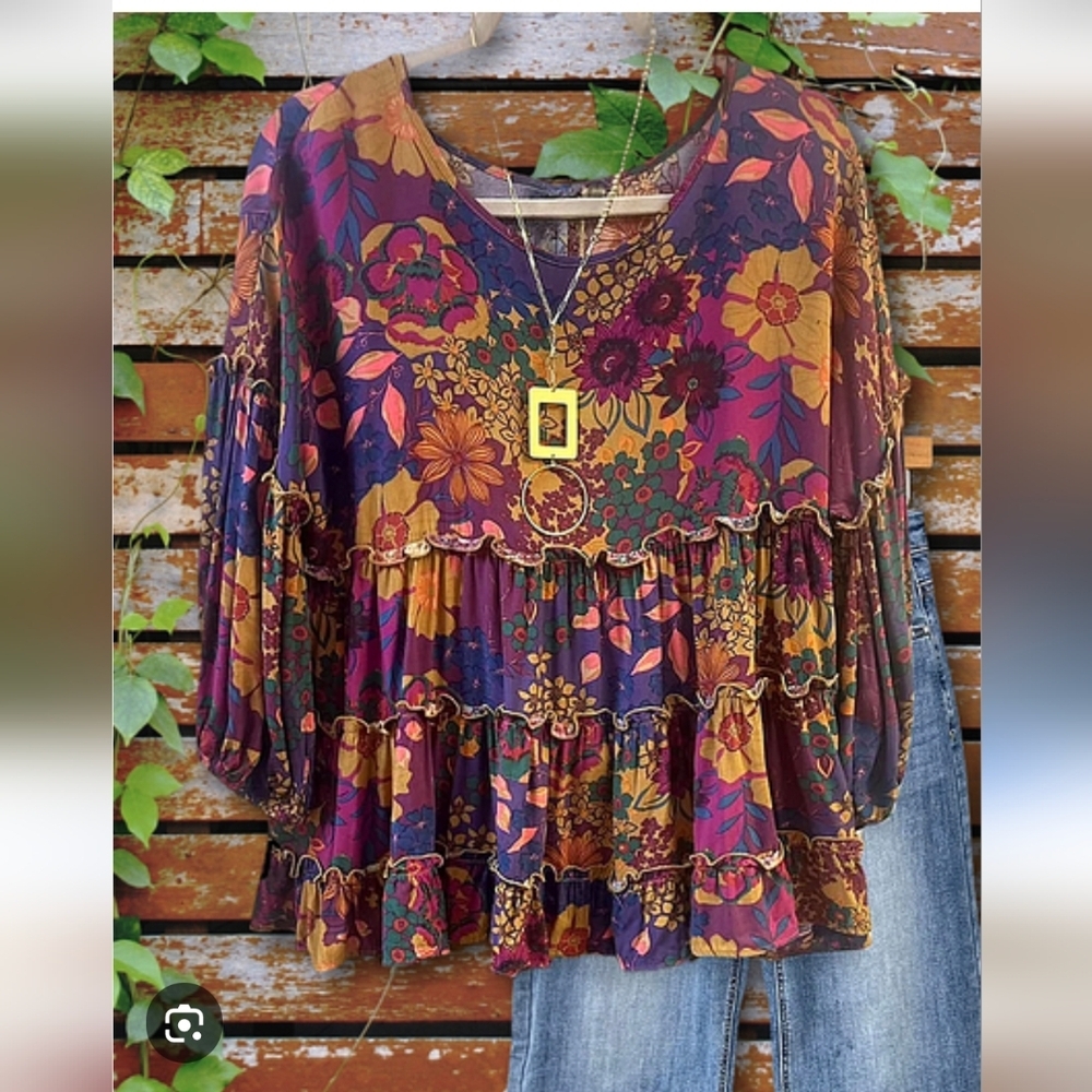 easel Floral Tiered Peasant Blouse in Purple and Mustard